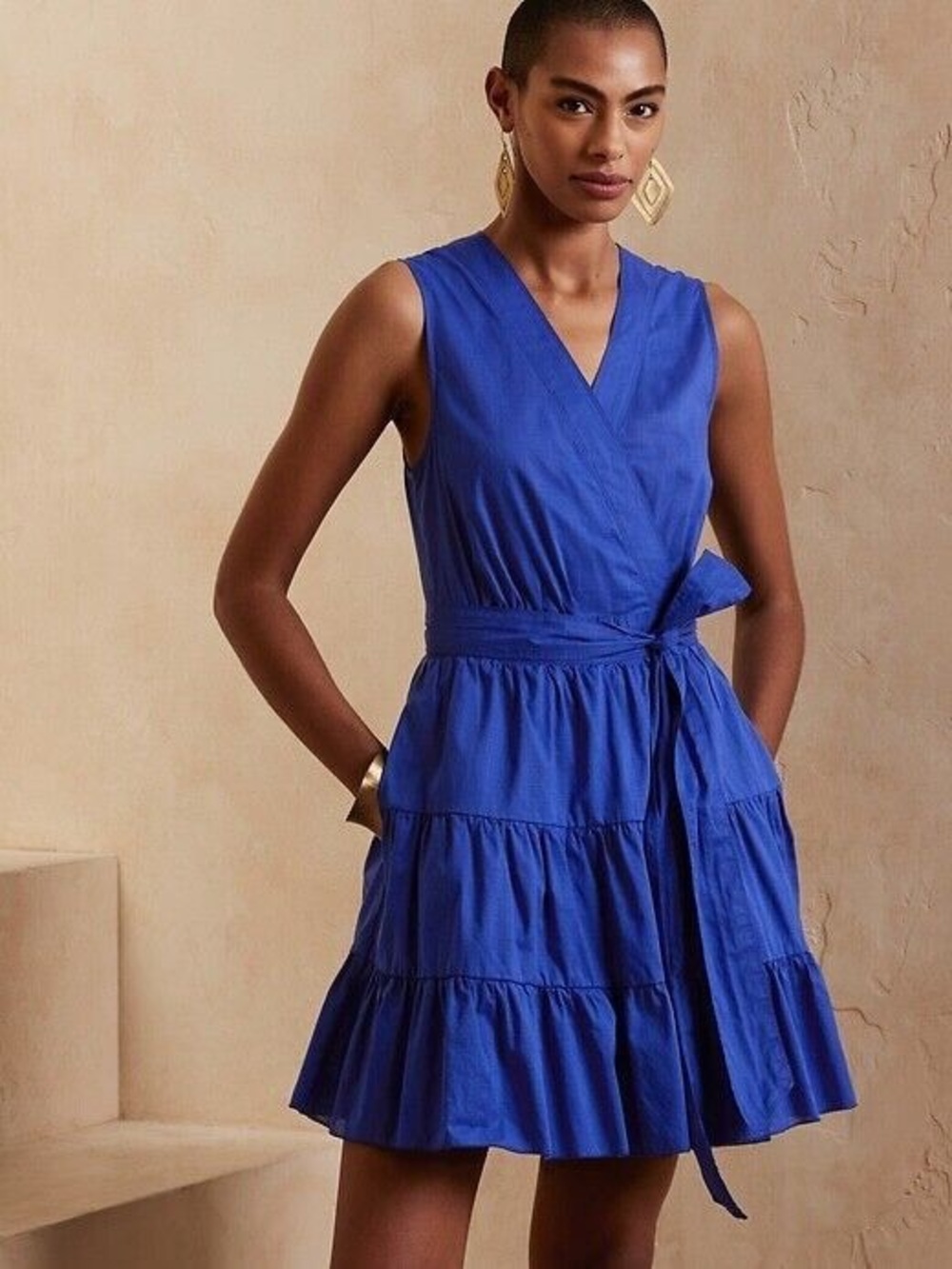 Banana Republic Cobalt Blue Sleeveless Wrap Tiered Mini Dress
